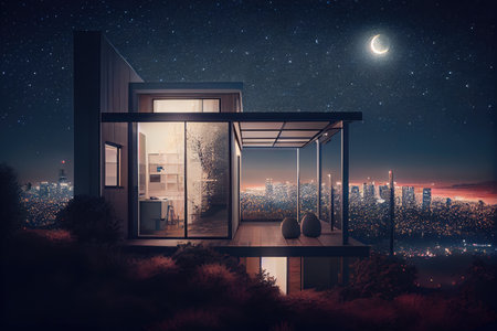 a modern house with a view of the city skyline and twinkling lights at night, created with generative aiの素材