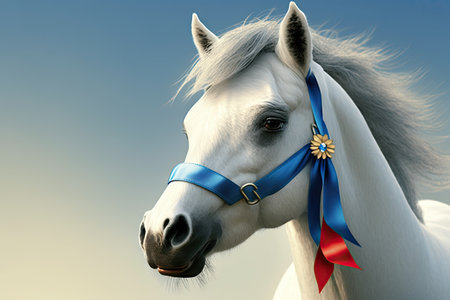small white funny pony with blue ribbon on its neck in sun, created with generative aiの素材