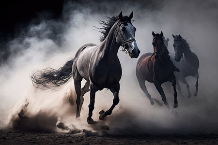 horses running fast in open field with smoking muzzle dancing horse, created with generative aiの素材