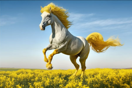 bright horse with yellow mane is dancing in meadow, created with generative aiの素材