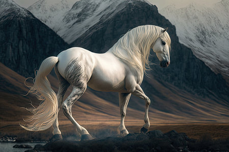 show performance with beautiful white dancing horse against background of mountains, created with generative aiの素材