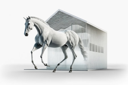 large modern stable with dancing horse isolated on white background, created with generative aiの素材