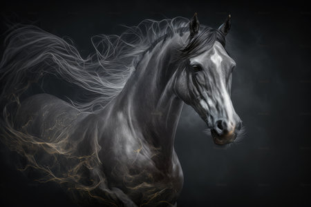 animal portrait of big beautiful dancing horse isolated on dark gray background, created with generative aiの素材