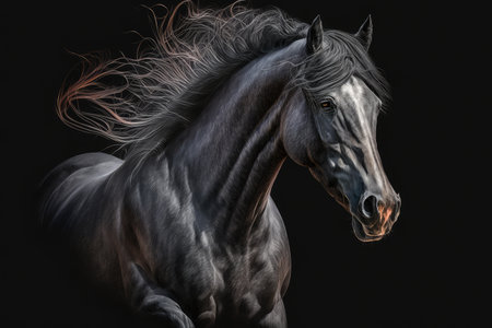 animal portrait of big beautiful dancing horse isolated on dark gray background, created with generative aiの素材