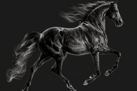 elegant black stallion on dark background silhouettes of dancing horse, created with generative aiの素材