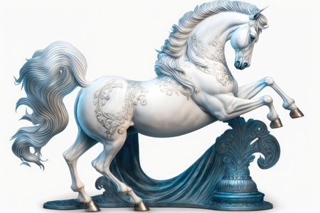 stand-up white dancing horse with blue mane and tail, created with generative aiの素材