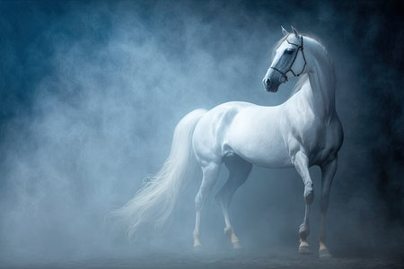 blue white horse in arena on fog background dancing horse, created with generative aiの素材