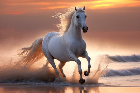 beautiful white stallion at sunset dancing horse, created with generative aiの素材