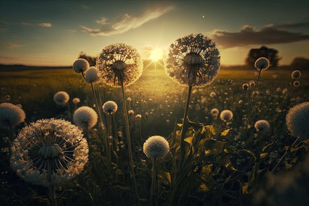 serene field of dandelions with the sun shining down on them, created with generative aiの素材