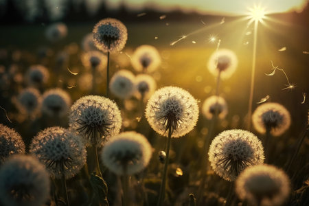 serene field of dandelions with the sun shining down on them, created with generative aiの素材