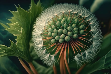 close-up of dandelion with seeds and green leaves, created with generative aiの素材