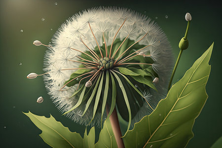 close-up of dandelion with seeds and green leaves, created with generative aiの素材