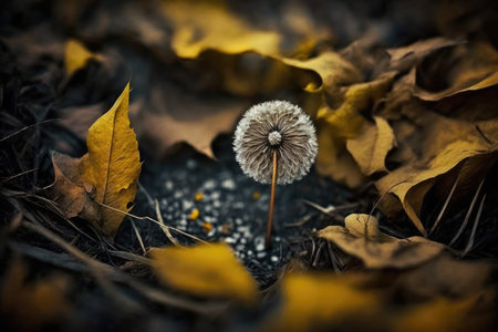 dandelion growing among fallen leaves in autumn landscape, created with generative aiの素材