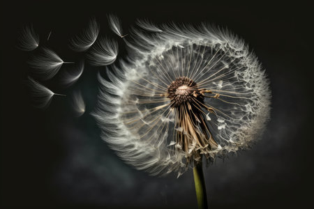 dandelion in the wind, with seeds blowing away, created with generative aiの素材