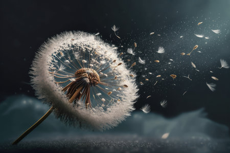 dandelion floating on gentle breeze, with seeds scattering in the air, created with generative aiの素材