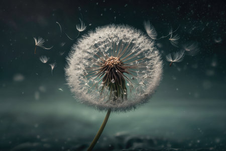 dandelion floating on gentle breeze, with seeds scattering in the air, created with generative aiの素材