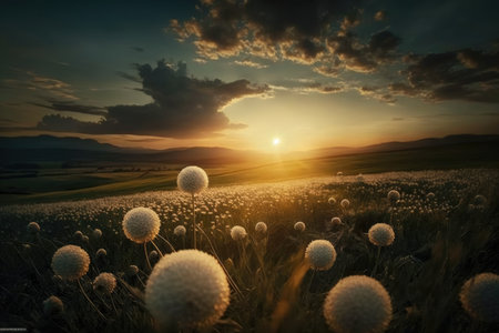 dandelion field with the sun peeking through the clouds, creating a warm and peaceful atmosphere, created with generative aiの素材