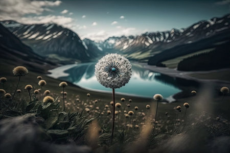 dandelion surrounded by stunning landscape, with mountains in the background, created with generative aiの素材