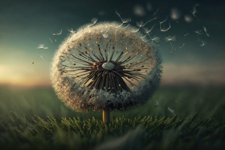 dandelion with seeds floating in windy field of grass, created with generative aiの素材