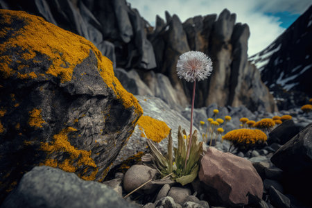 dandelion growing among the rocks in the mountain scenery, created with generative aiの素材