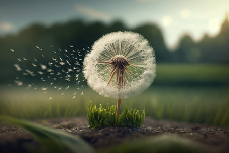 dandelion seed head blowing in the wind, surrounded by natural environment, created with generative aiの素材