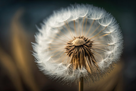 dandelion seed head in the wind, with gentle breeze swaying the seeds, created with generative aiの素材