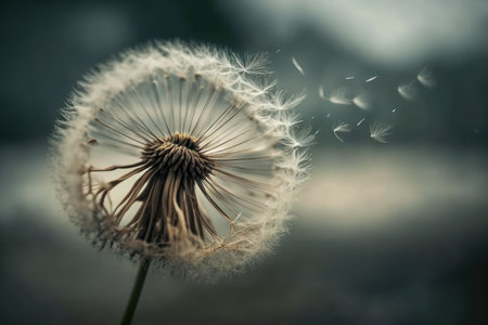 dandelion seed head in the wind, with gentle breeze swaying the seeds, created with generative aiの素材