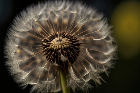 close-up of dandelion seed head, with seeds ready to fly away, created with generative aiの素材
