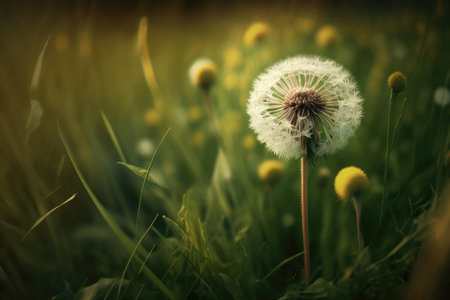 dandelion surrounded by tall grass in the summer heat, created with generative aiの素材