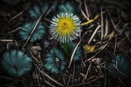 dandelion flower on forest floor surrounded by pine needles, created with generative aiの素材