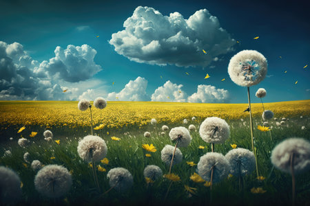 dandelion field with clouds and blue sky in the background, created with generative aiの素材