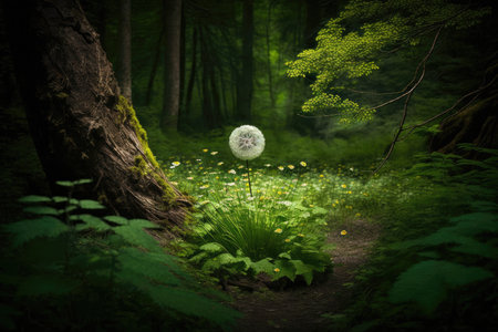 dandelion surrounded by lush green foliage in the forest, created with generative aiの素材