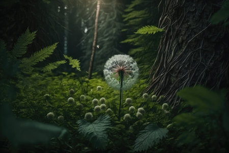 dandelion surrounded by lush green foliage in the forest, created with generative aiの素材