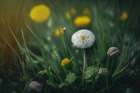 dandelion growing among wildflowers in meadow, created with generative aiの素材