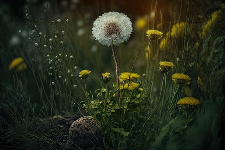 dandelion growing among wildflowers in meadow, created with generative aiの素材