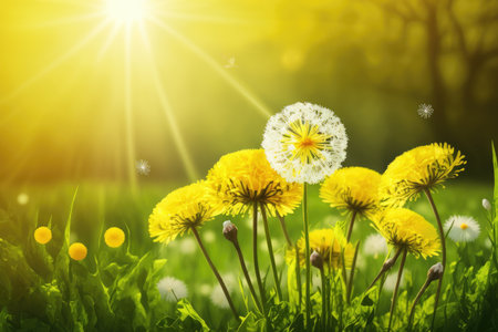 dandelion surrounded by other springtime blooms in sunny meadow, created with generative aiの素材