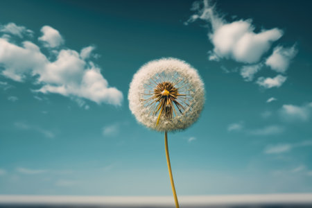 dandelion surrounded by an endless blue sky, with clouds in the background, created with generative aiの素材