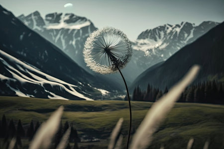 dandelion seed head in the wind, with view of scenic mountain range, created with generative aiの素材
