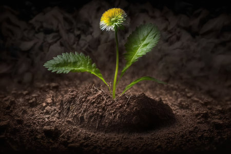 dandelion seedling growing in rich soil, created with generative aiの素材