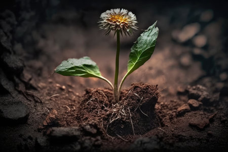 dandelion seedling growing in rich soil, created with generative aiの素材