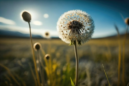 dandelion blooming in meadow, with tall grasses and blue sky in the background, created with generative aiの素材