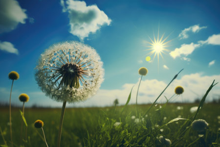 dandelion blooming in meadow, with tall grasses and blue sky in the background, created with generative aiの素材
