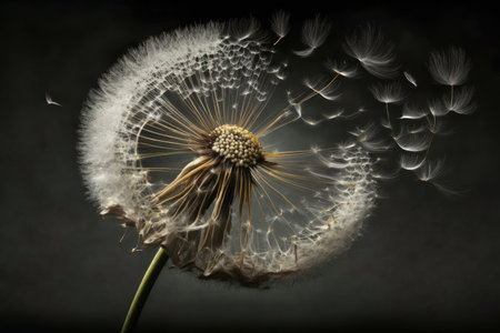 windblown dandelion seed head, with seeds floating away, created with generative aiの素材