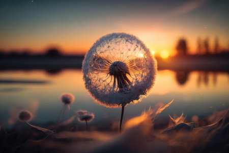 dandelion seed head floating in the wind, with a beautiful sunrise in the background, created with generative aiの素材