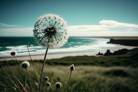 dandelion blowing in the wind, with a view of the ocean in the background, created with generative ai