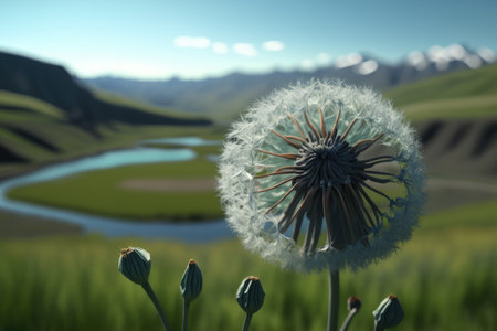 dandelion with seeds and rolling hills in the background, created with generative aiの素材
