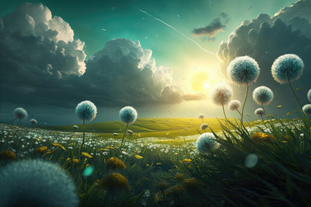dandelion field, with the sun shining and clouds rolling in the sky, created with generative aiの素材