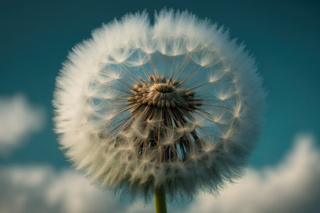 dandelion seed head surrounded by fluffy clouds in the sky, created with generative aiの素材