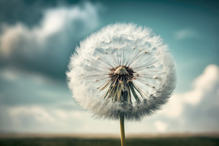 dandelion seed head surrounded by fluffy clouds in the sky, created with generative aiの素材