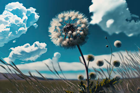 dandelion in a natural landscape, with a blue sky and fluffy clouds, created with generative aiの素材